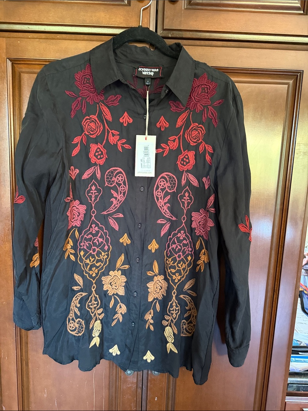 Johnny Was Black Button-down Embroidered Floral Shirt long shirt